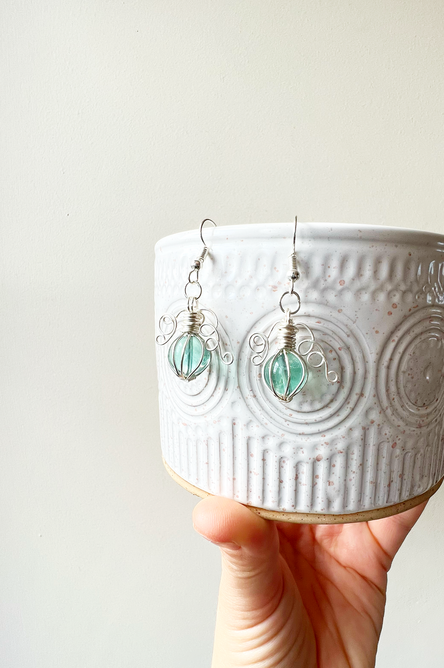 Green fluorite pumpkin earrings in silver