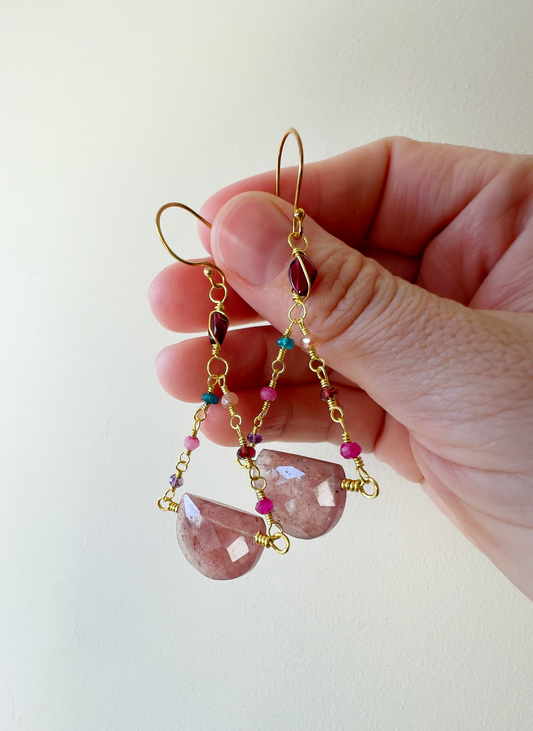 Strawberry Quartz and Garnet gold earrings