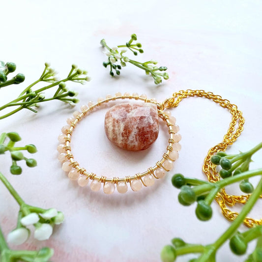 Sunstone and Peach Moonstone Crystal Circle Necklace