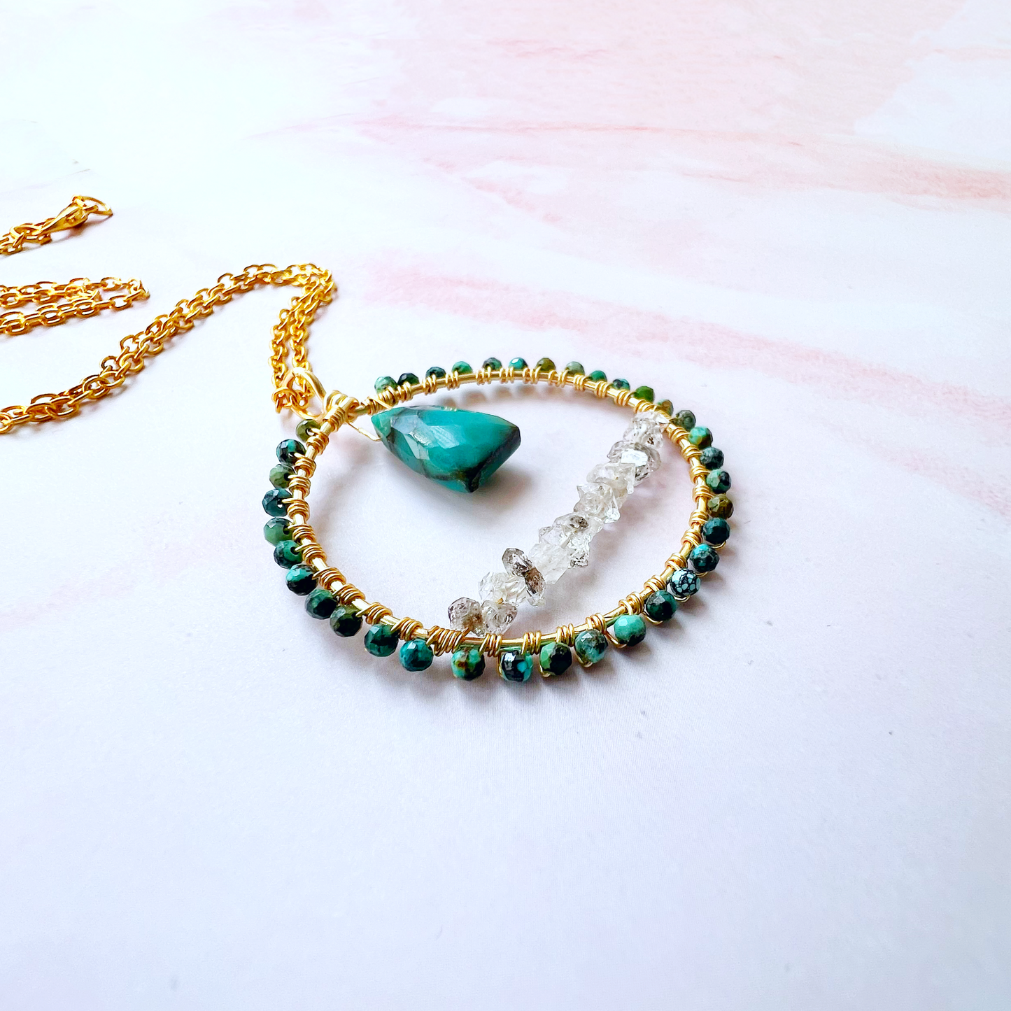 Chrysocholla and herkimer diamond crystal circle necklace