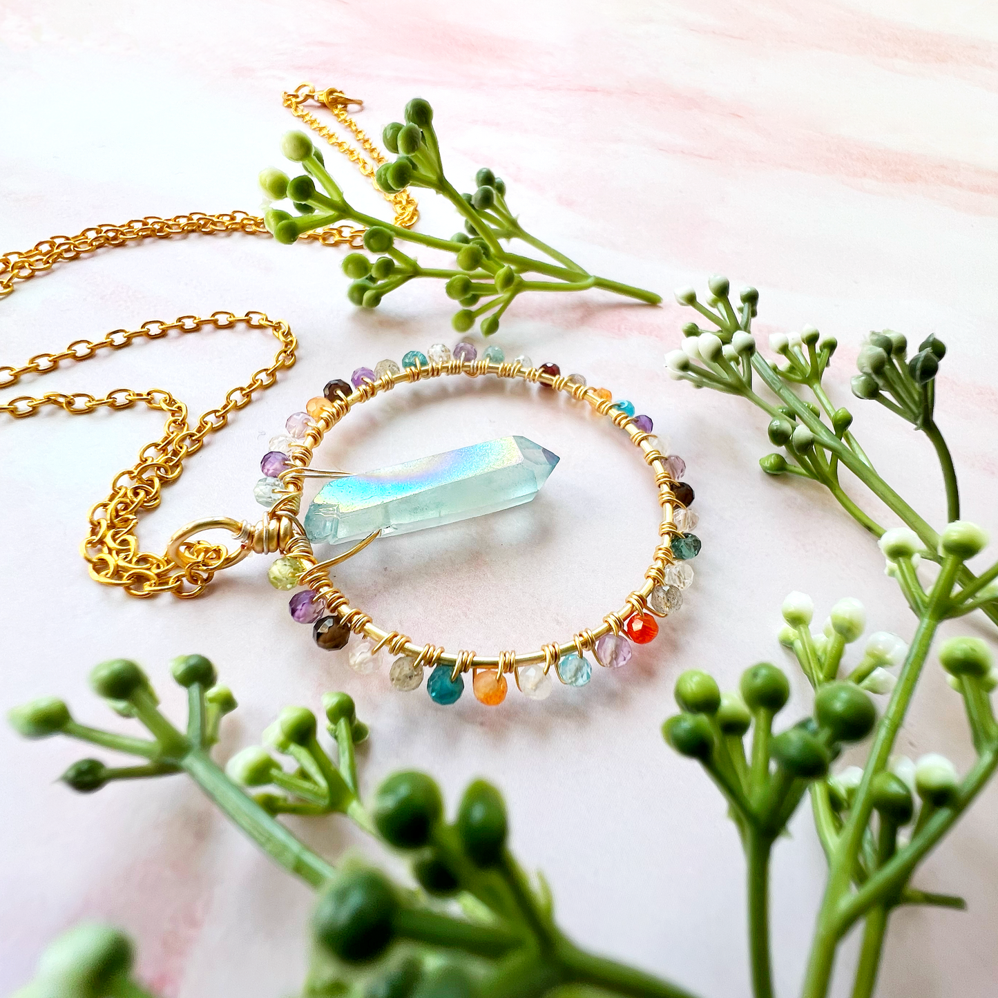 Aura quartz crystal circle necklace