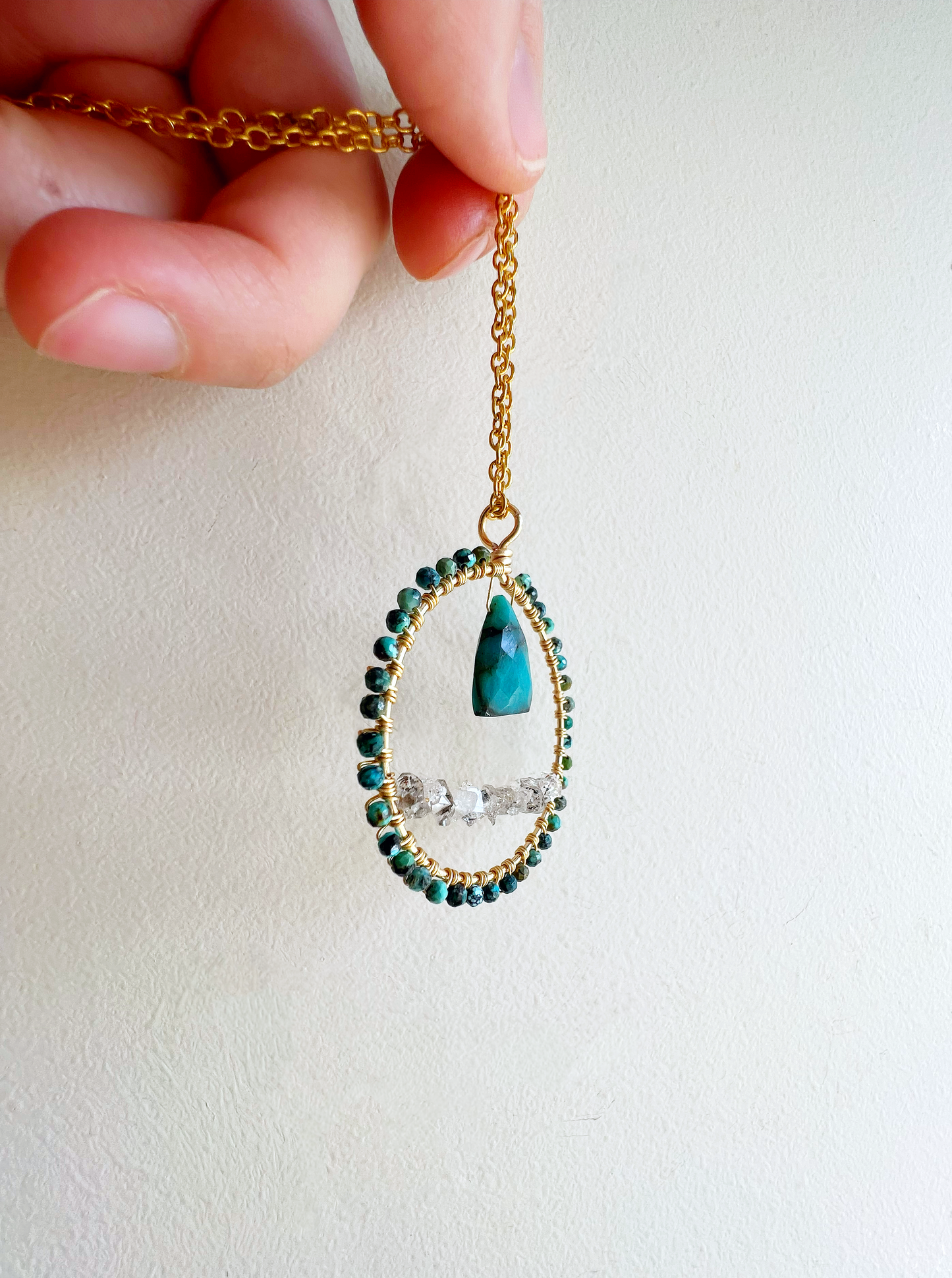 Chrysocholla and herkimer diamond crystal circle necklace