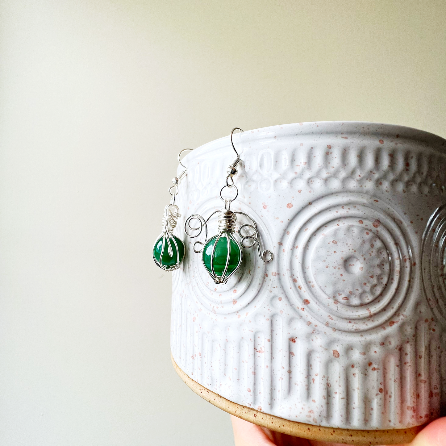 Green agate pumpkin earrings in silver