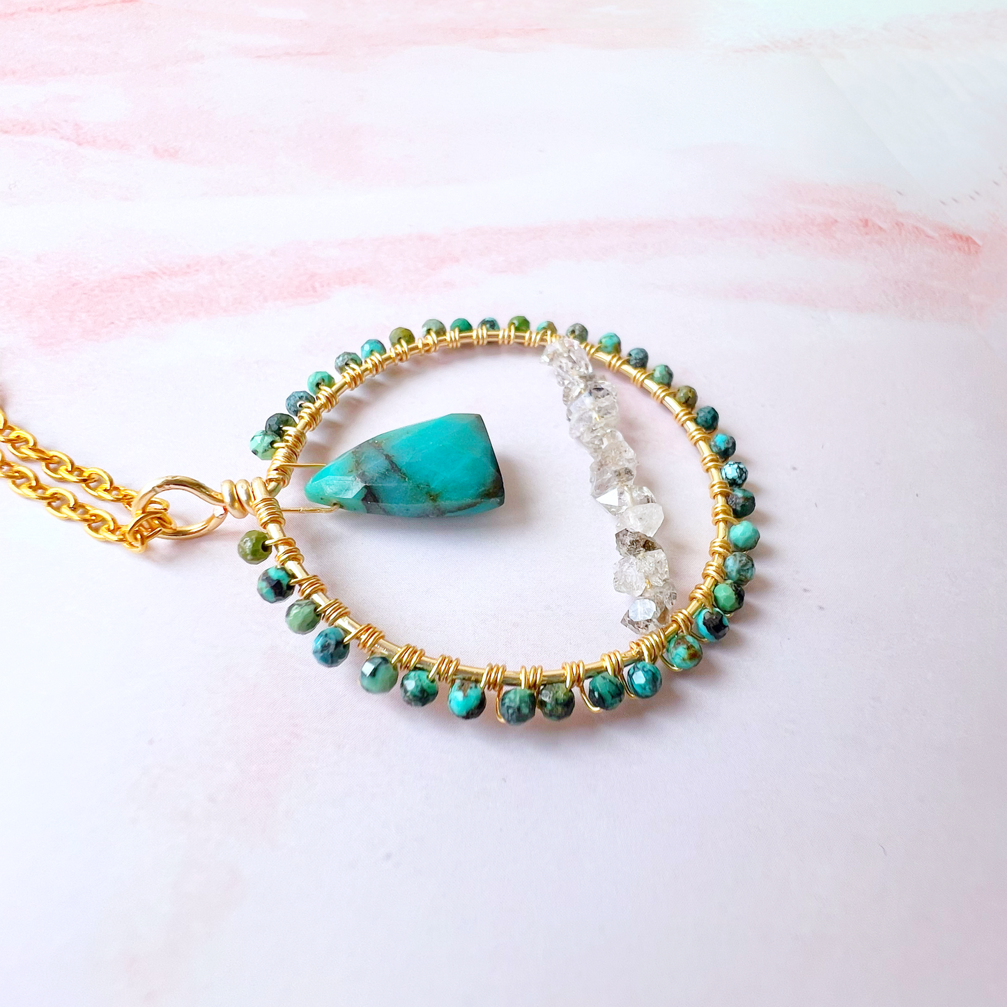 Chrysocholla and herkimer diamond crystal circle necklace