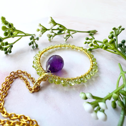 Amethyst and Peridot crystal circle necklace