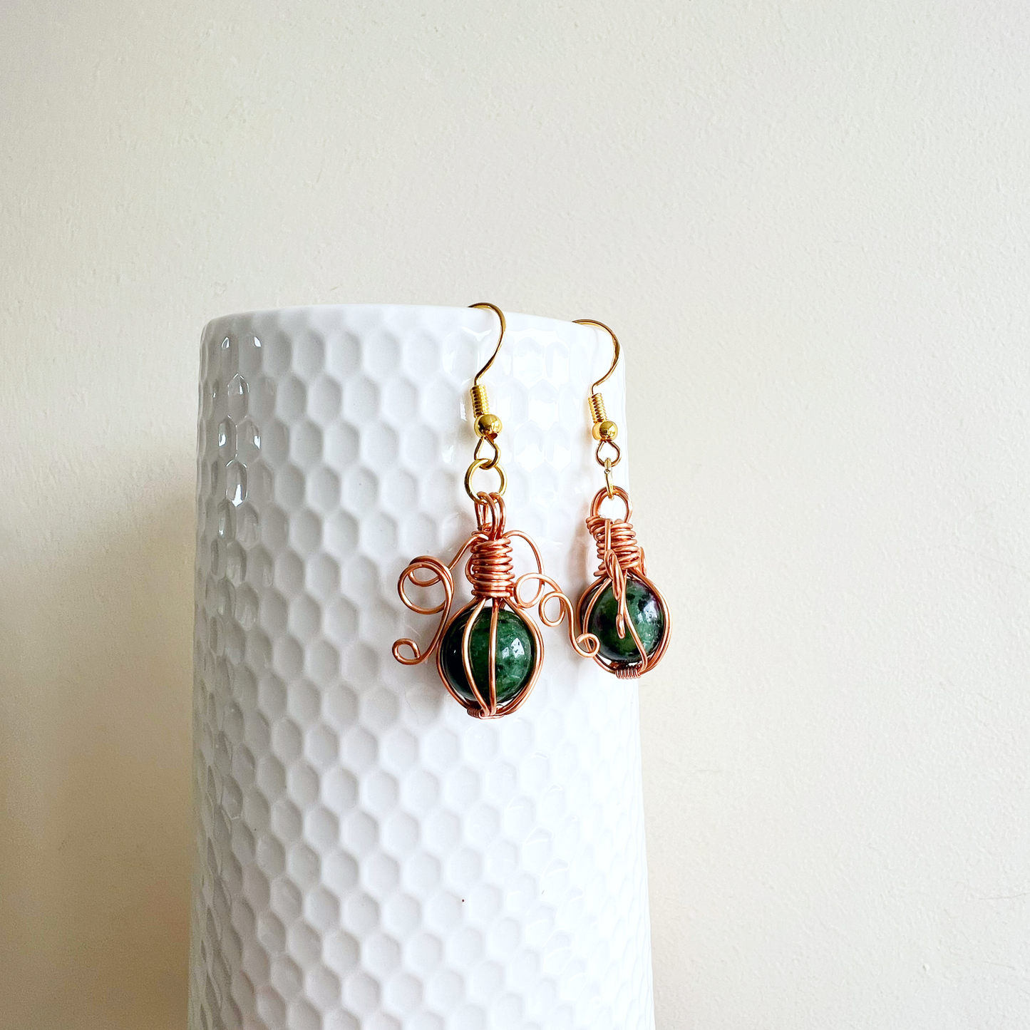 Ruby in zoisite pumpkin earrings in copper