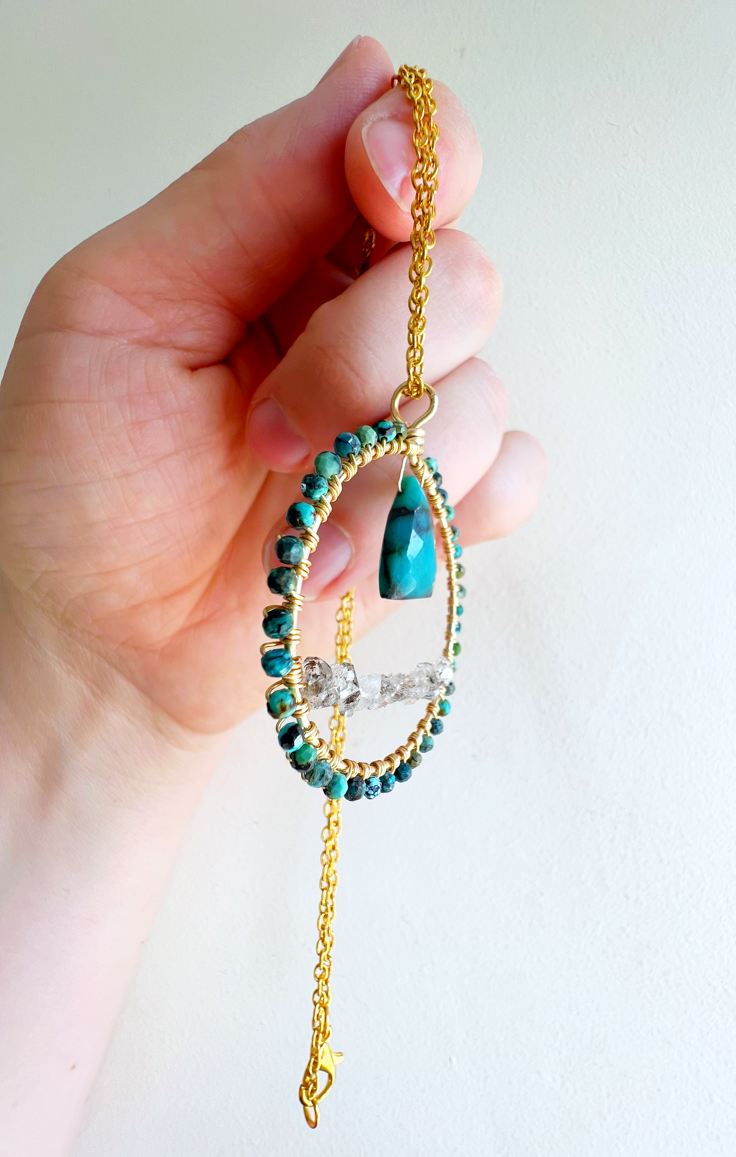 Chrysocholla and herkimer diamond crystal circle necklace
