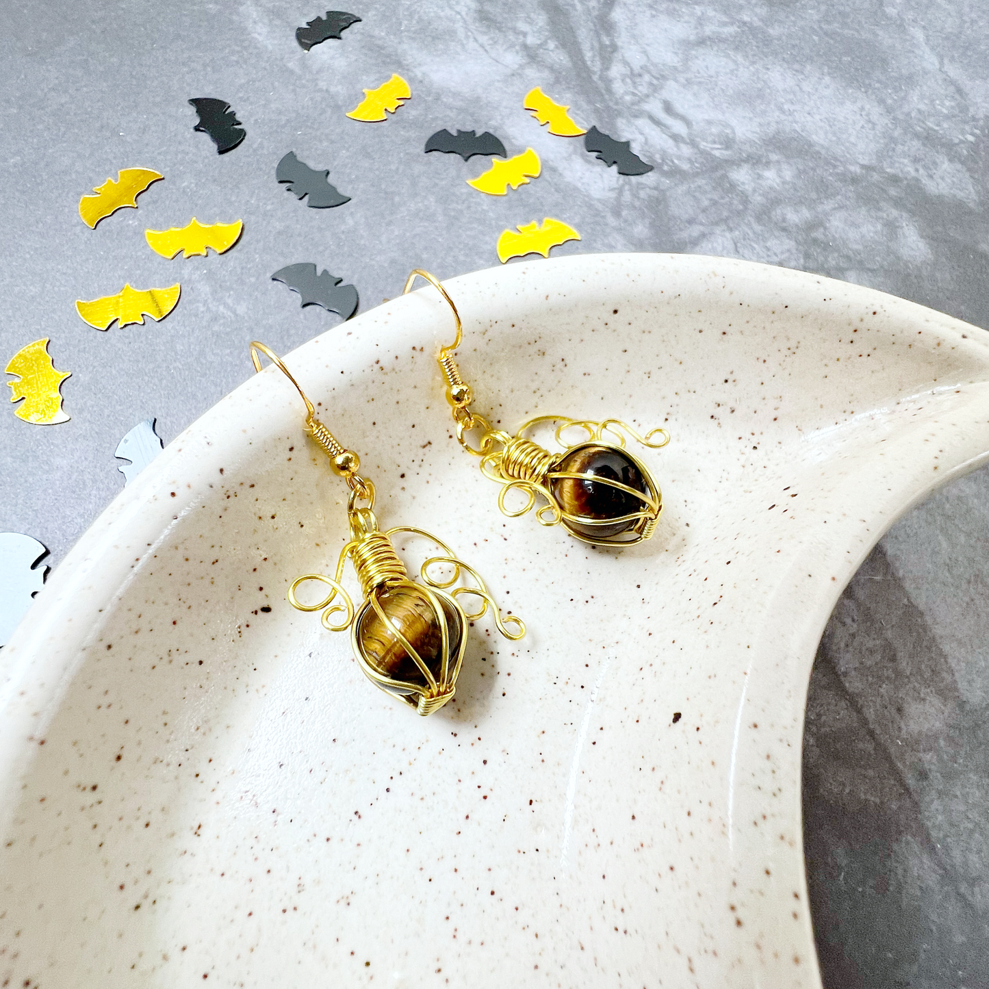 Tigers eye pumpkin earrings in gold