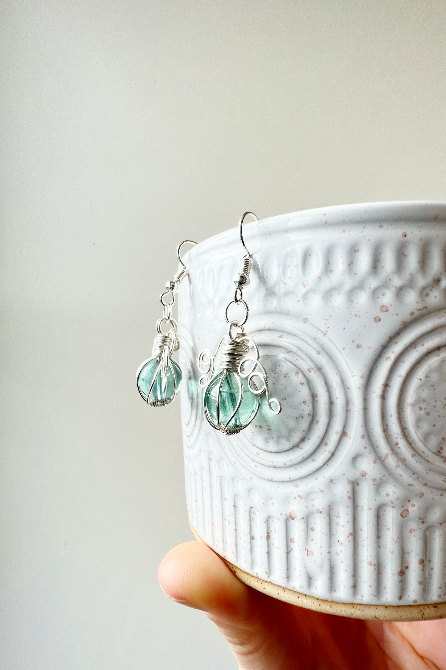 Green fluorite pumpkin earrings in silver
