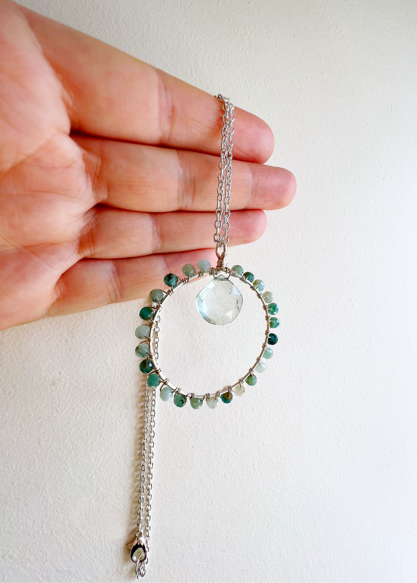 Grandidierite and green quartz crystal circle necklace