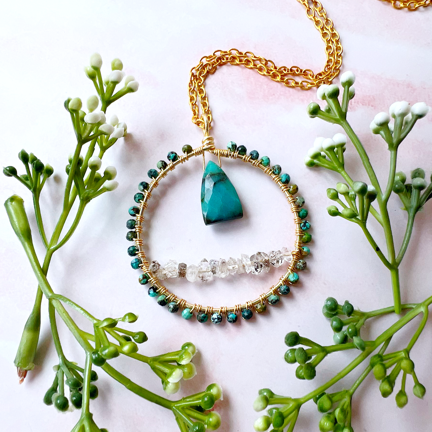 Chrysocholla and herkimer diamond crystal circle necklace