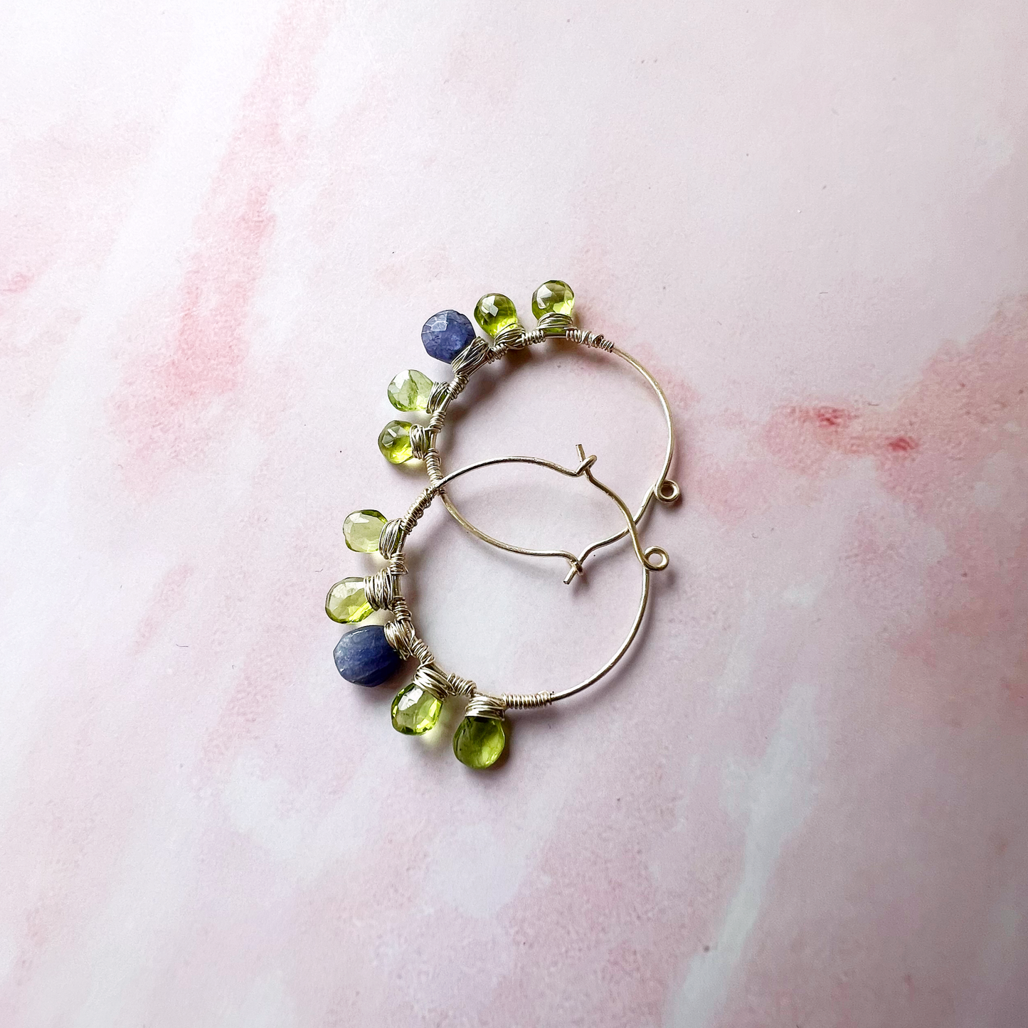 Tanzanite and peridot hoop earrings