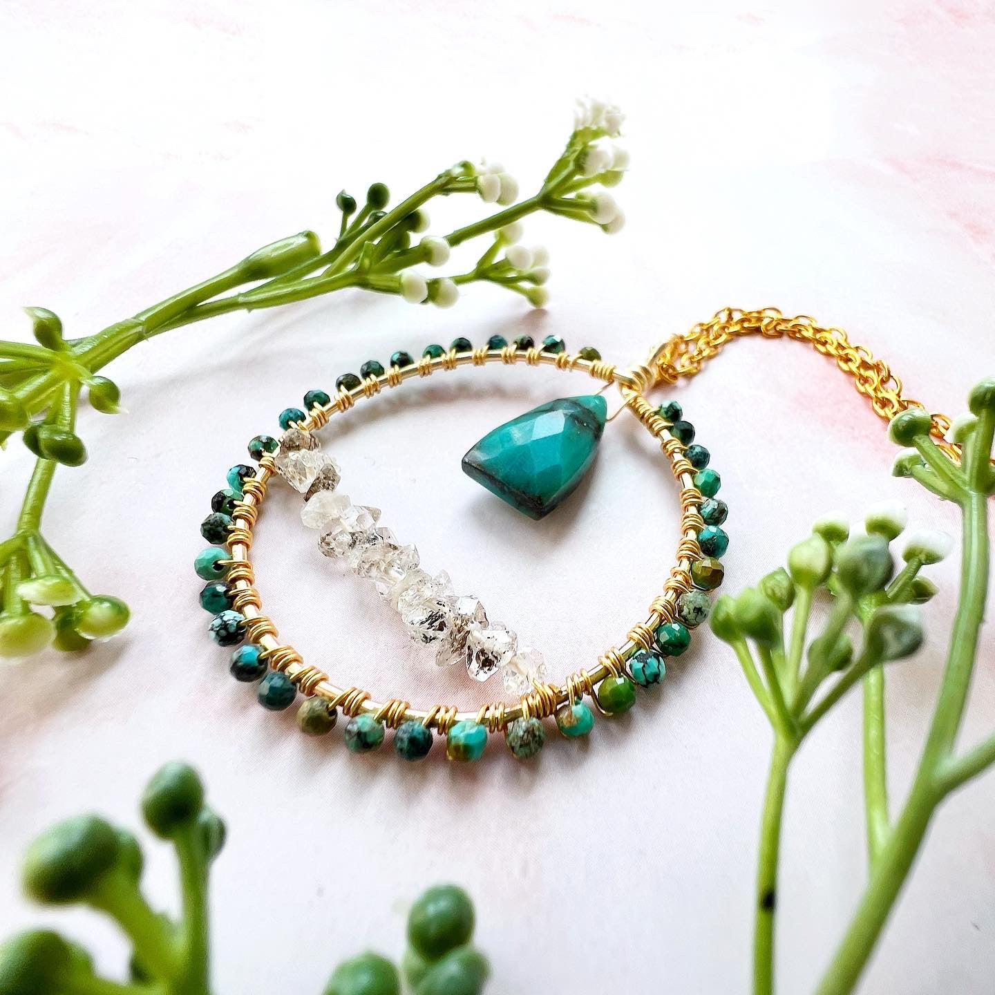 Chrysocholla and herkimer diamond crystal circle necklace