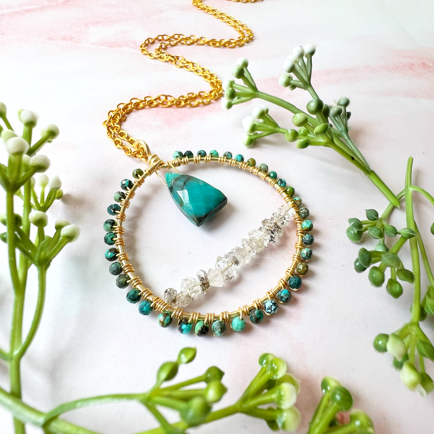 Chrysocholla and herkimer diamond crystal circle necklace