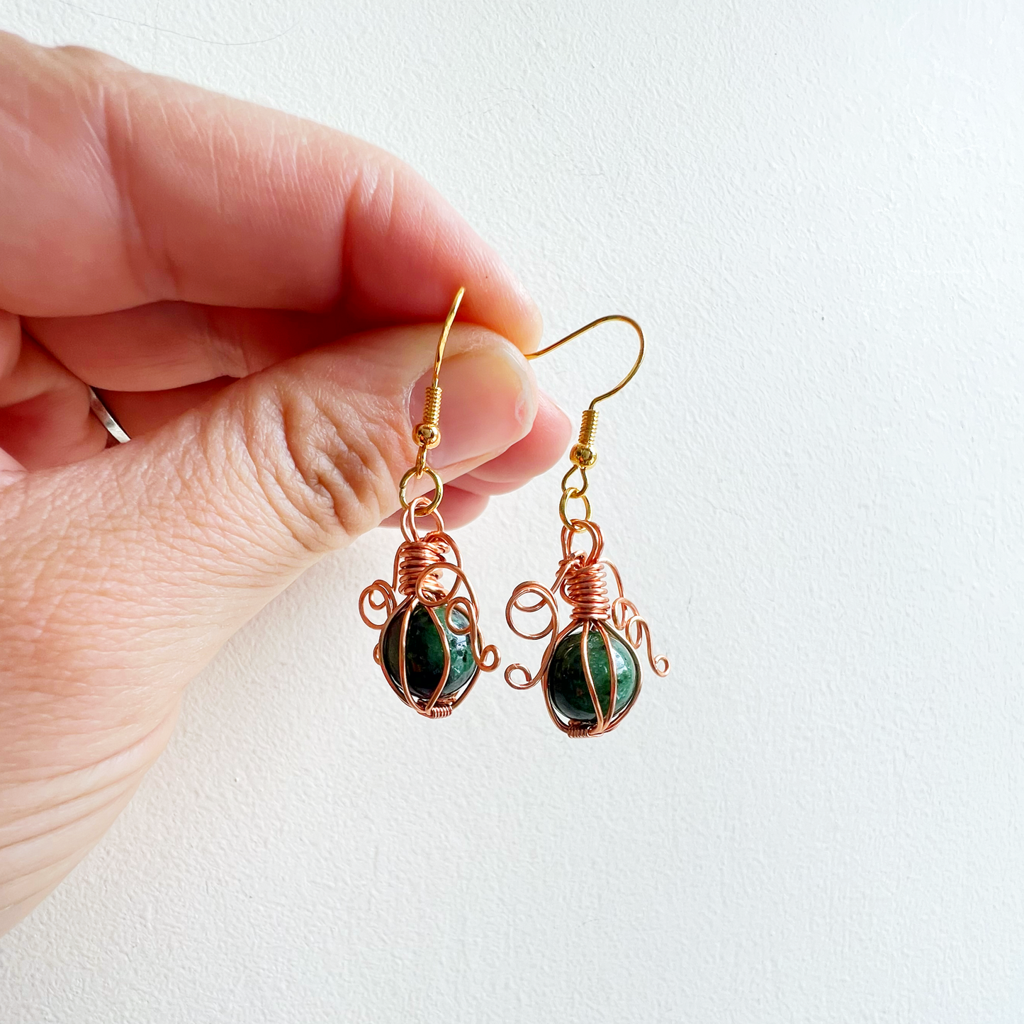 Ruby in zoisite pumpkin earrings in copper