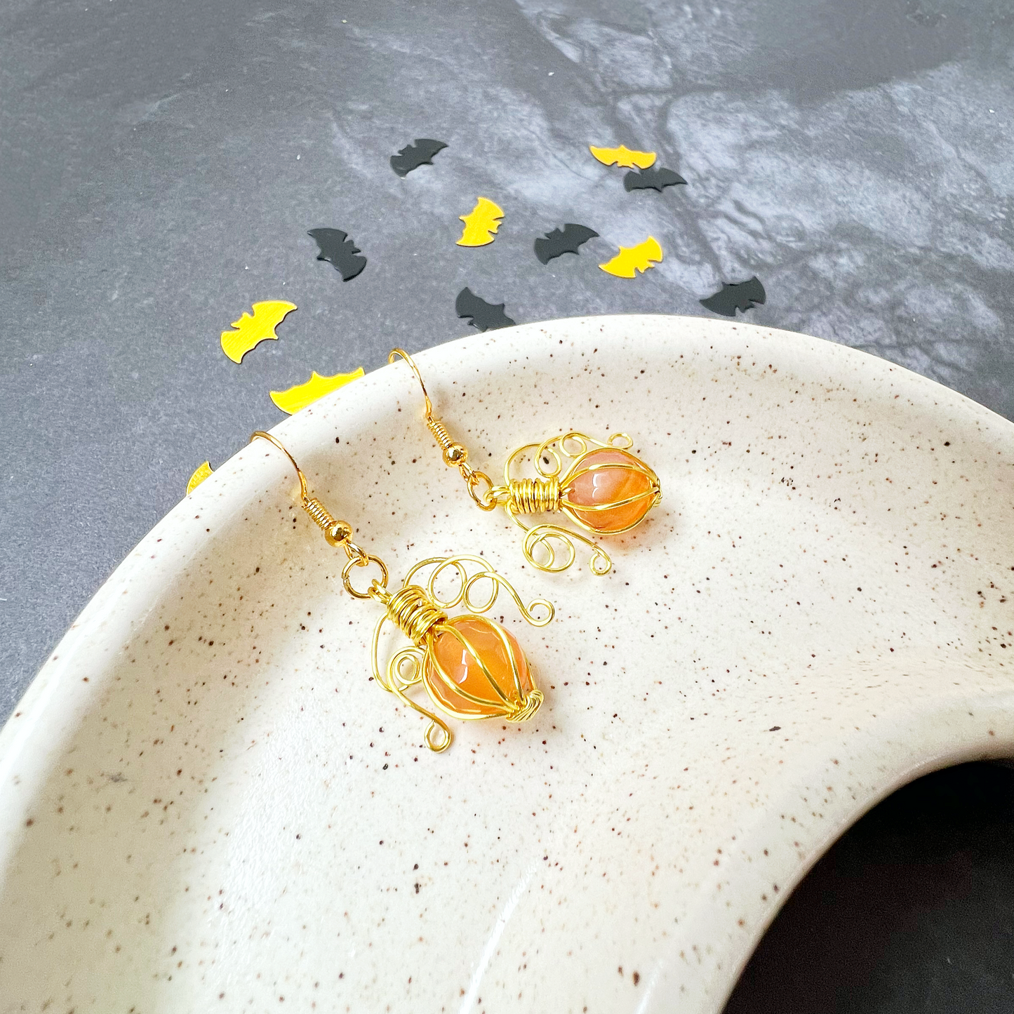 Carnelian pumpkin earrings in gold