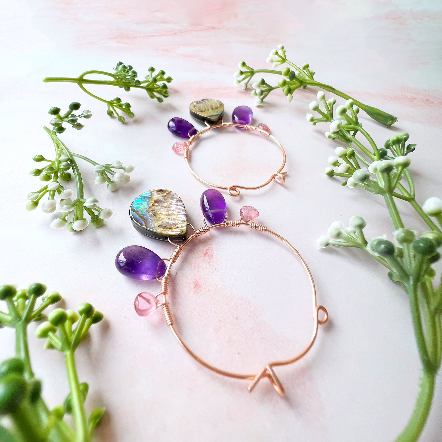 Peacock feather earrings with abalone, amethyst and pink tourmaline