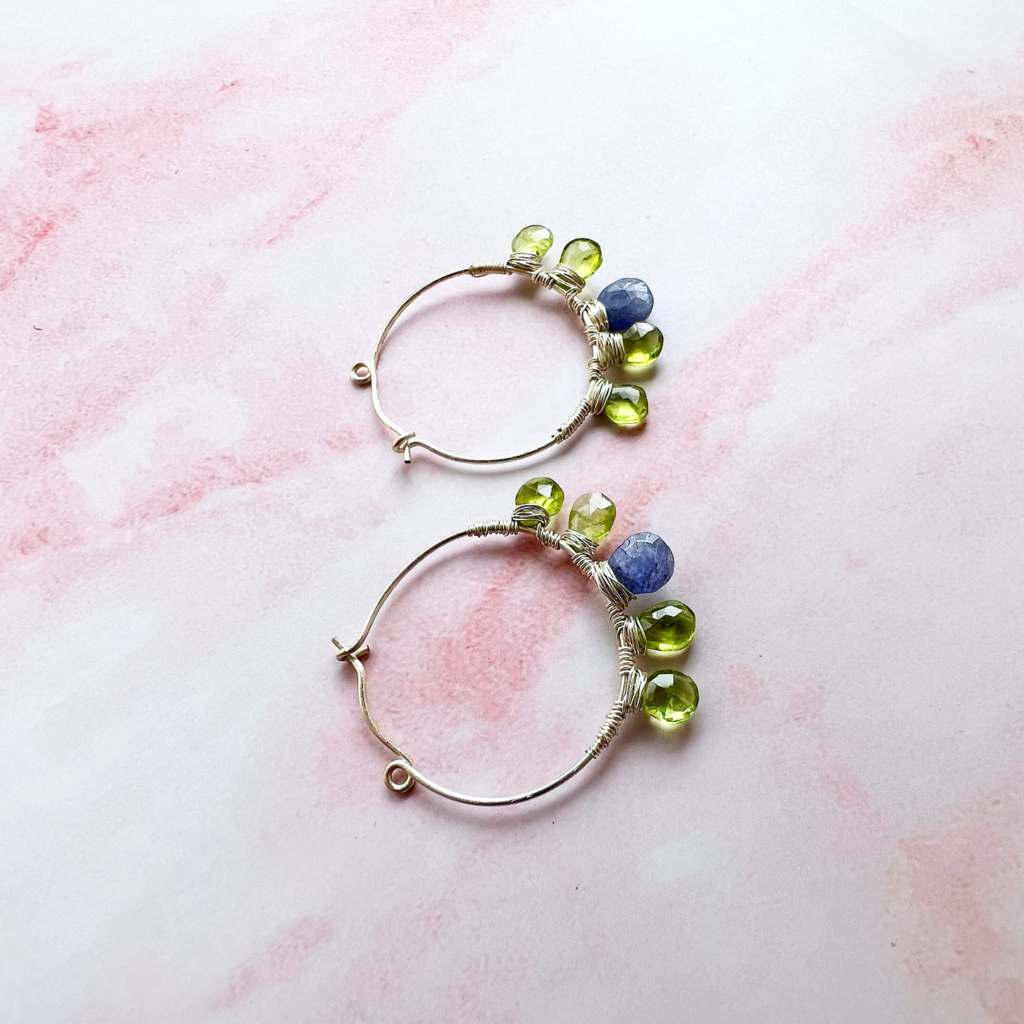 Tanzanite and peridot hoop earrings
