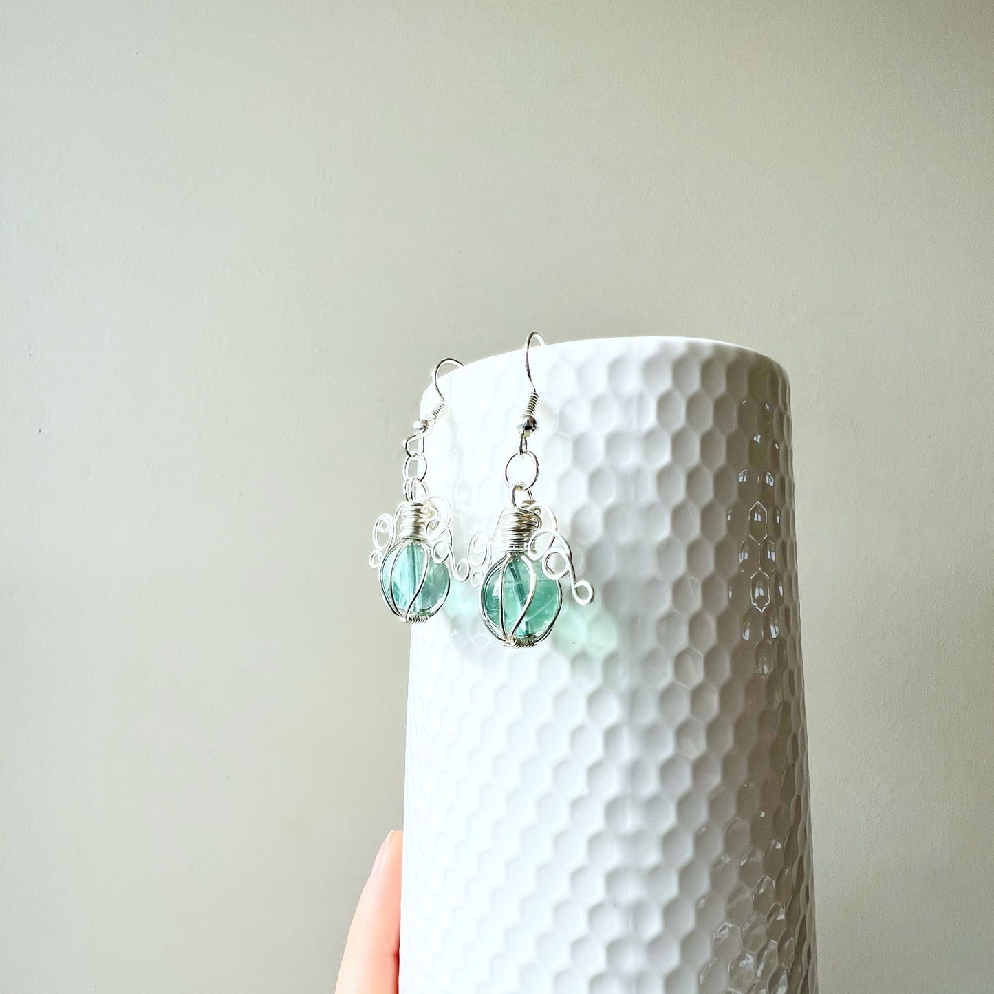 Green fluorite pumpkin earrings in silver
