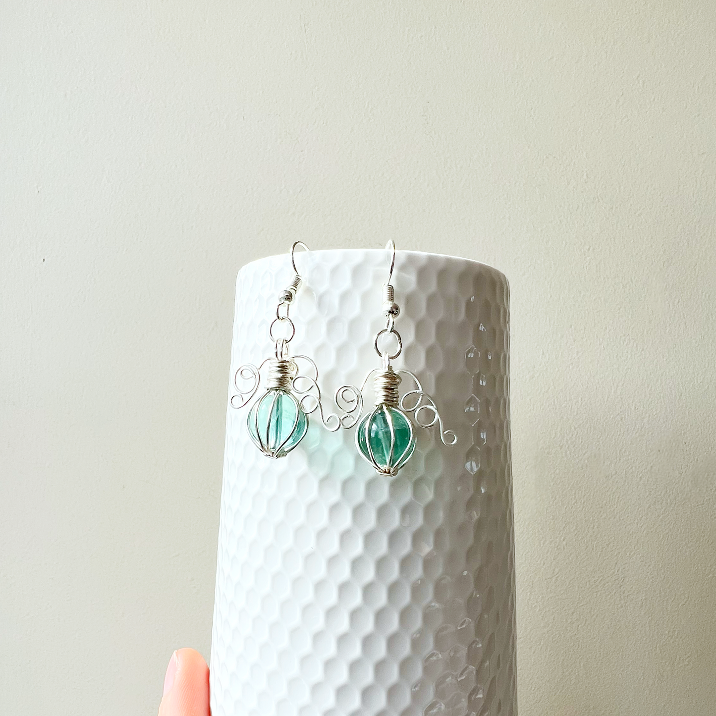 Green fluorite pumpkin earrings in silver