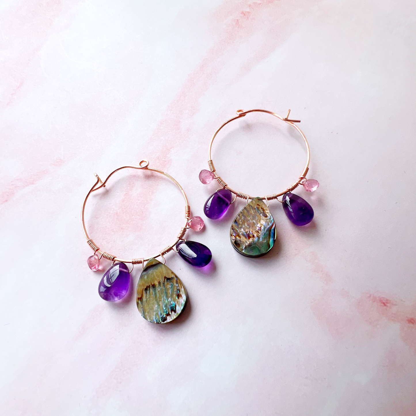 Peacock feather earrings with abalone, amethyst and pink tourmaline