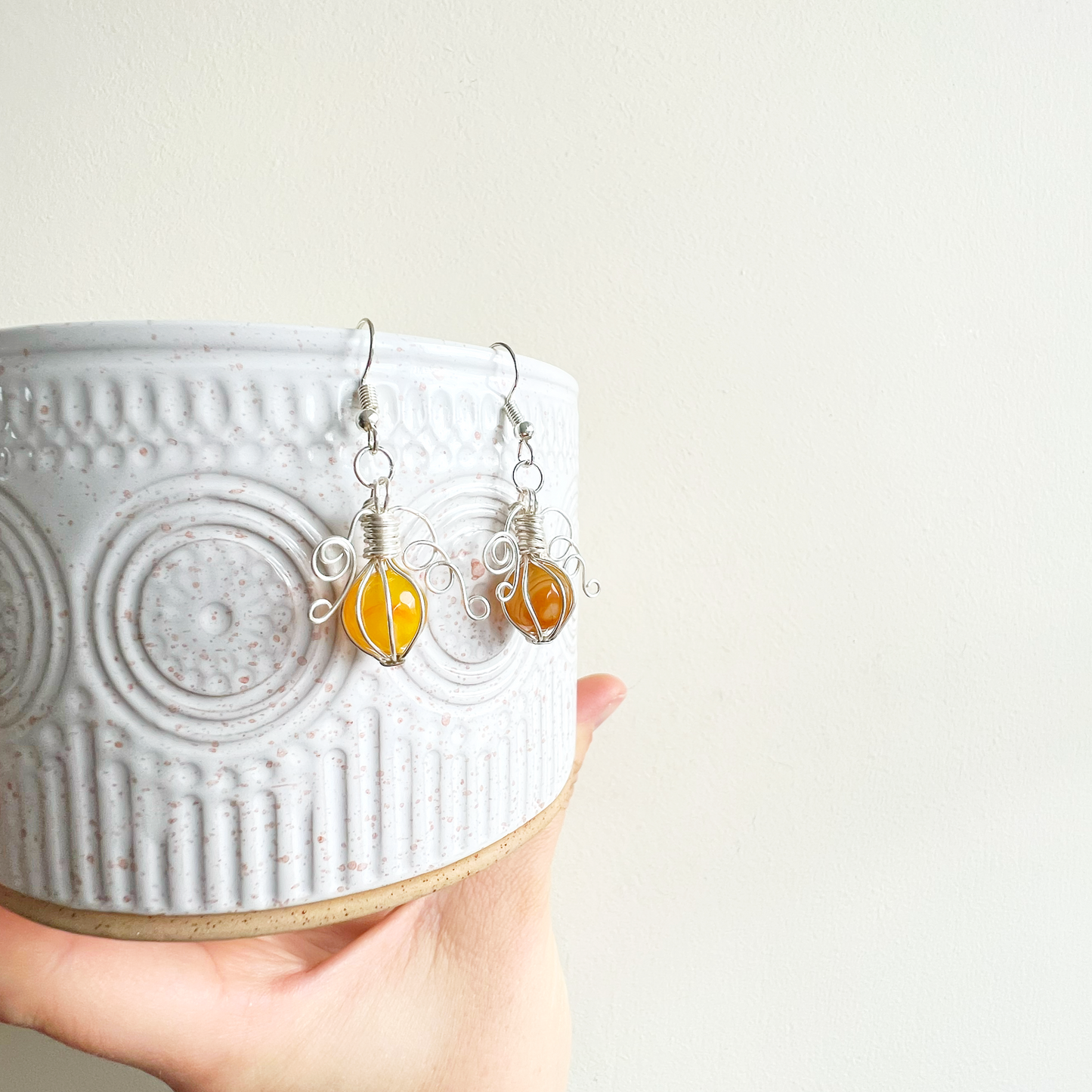 Yellow agate pumpkin earrings in silver
