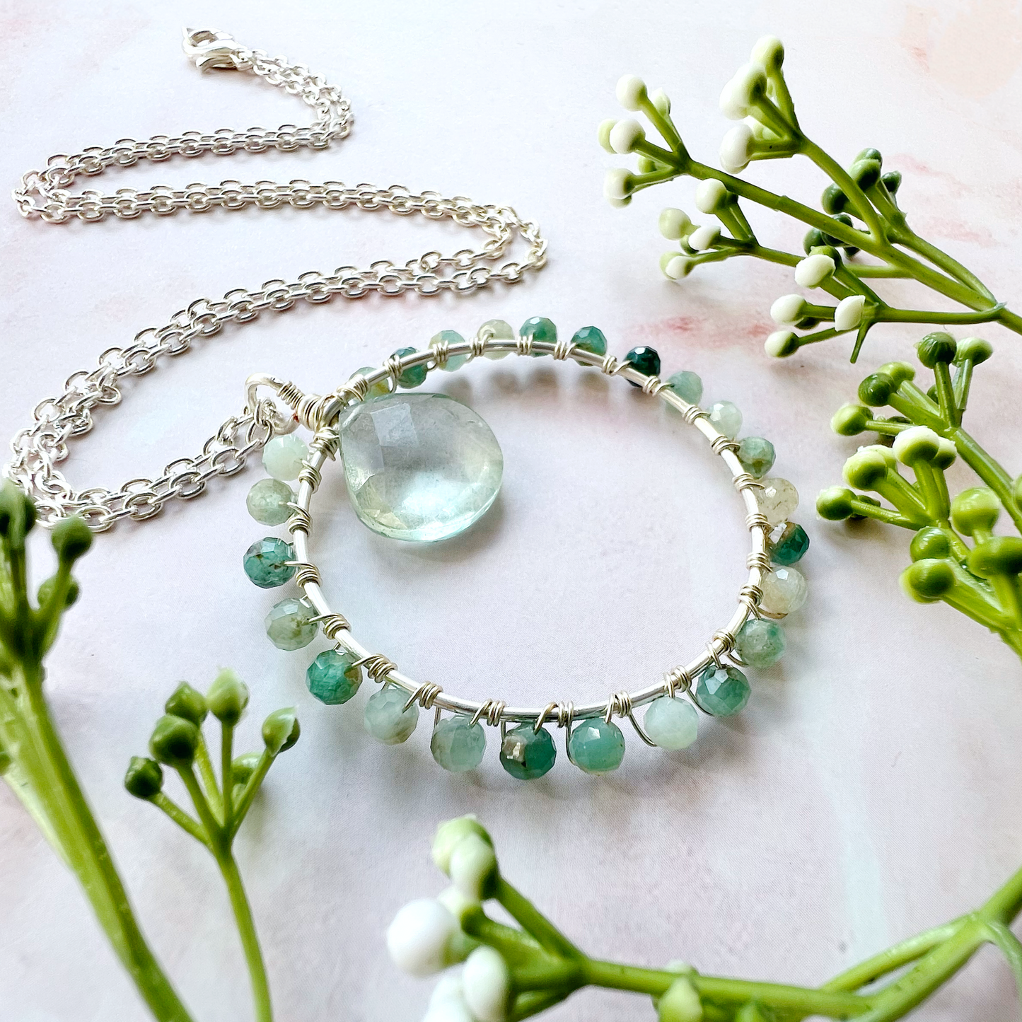 Grandidierite and green quartz crystal circle necklace