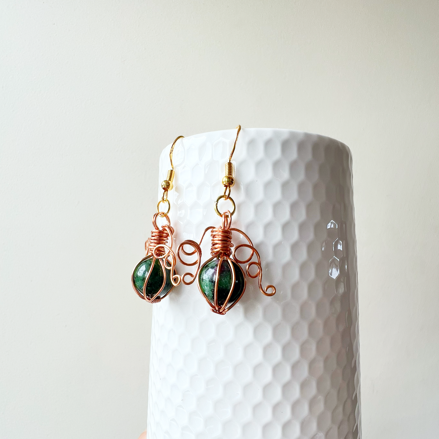 Ruby in zoisite pumpkin earrings in copper