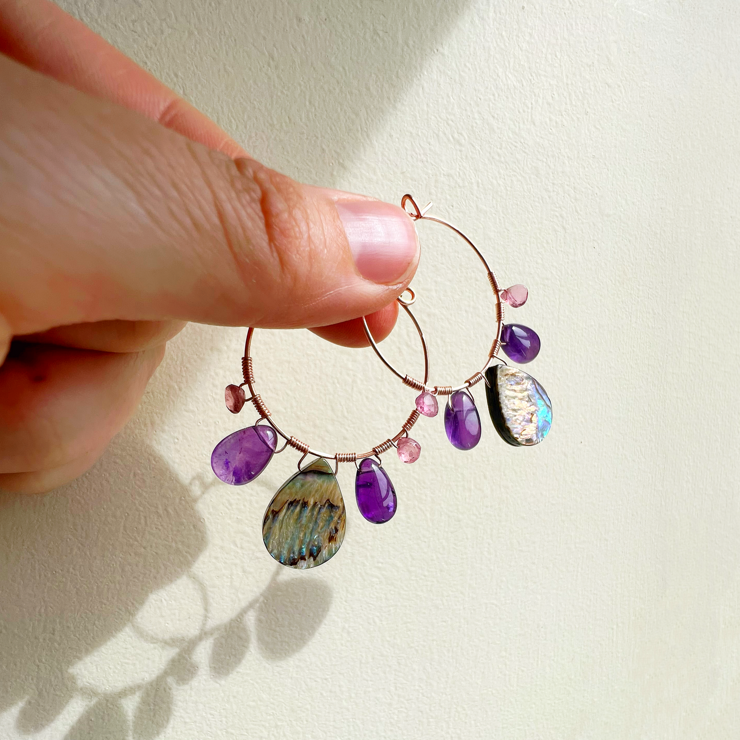 Peacock feather earrings with abalone, amethyst and pink tourmaline