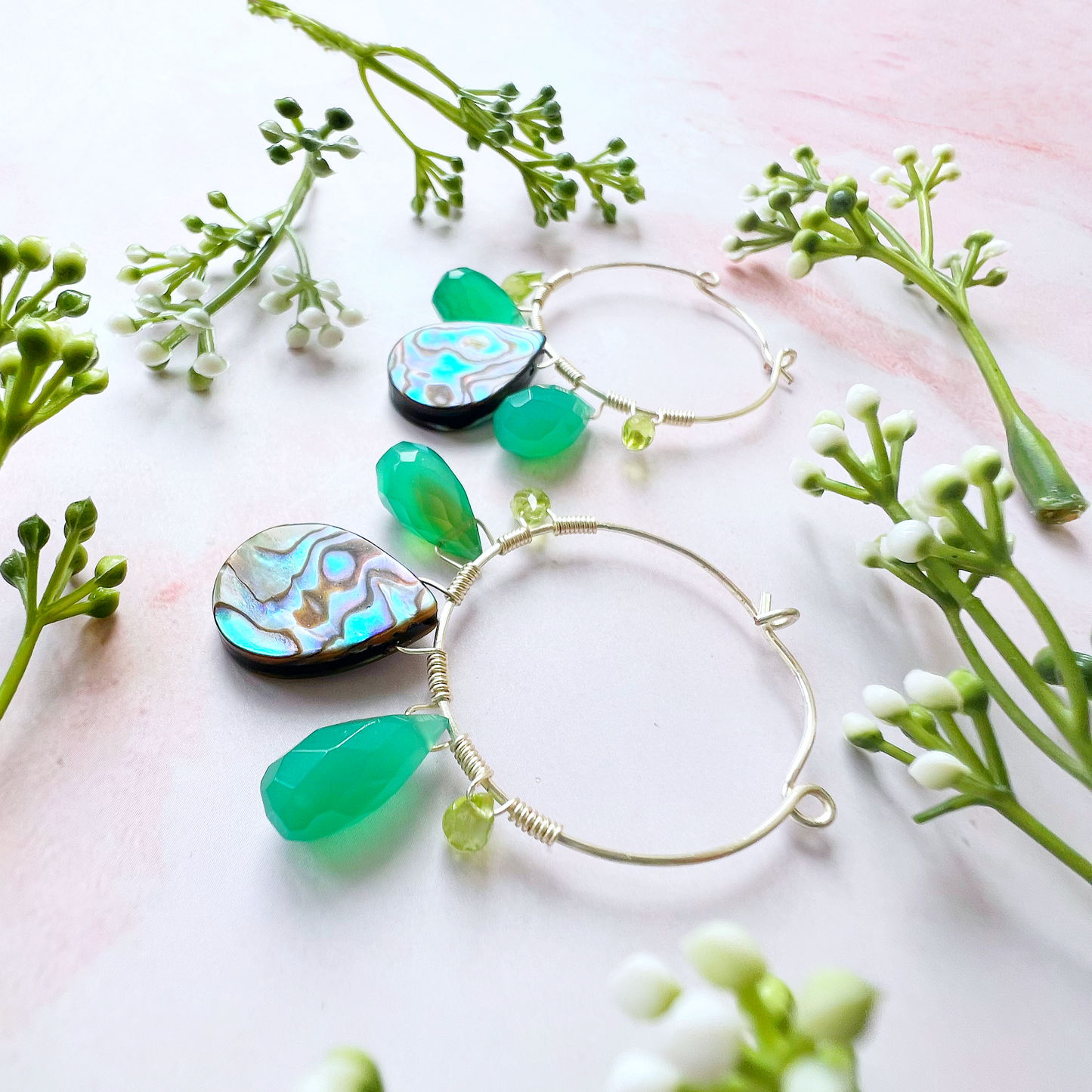 Peacock feather earrings with abalone, green onyx and peridot
