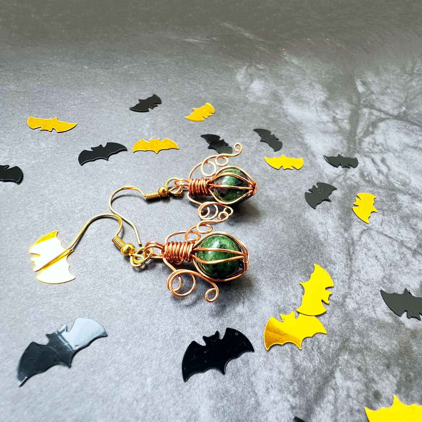 Ruby in zoisite pumpkin earrings in copper