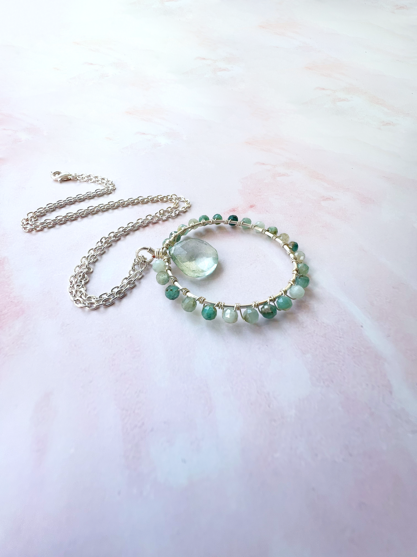 Grandidierite and green quartz crystal circle necklace