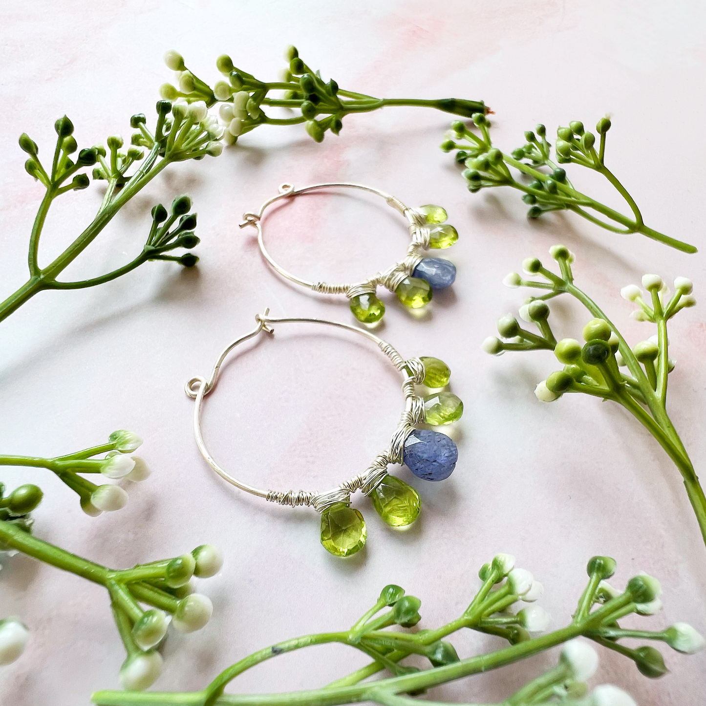 Tanzanite and peridot hoop earrings