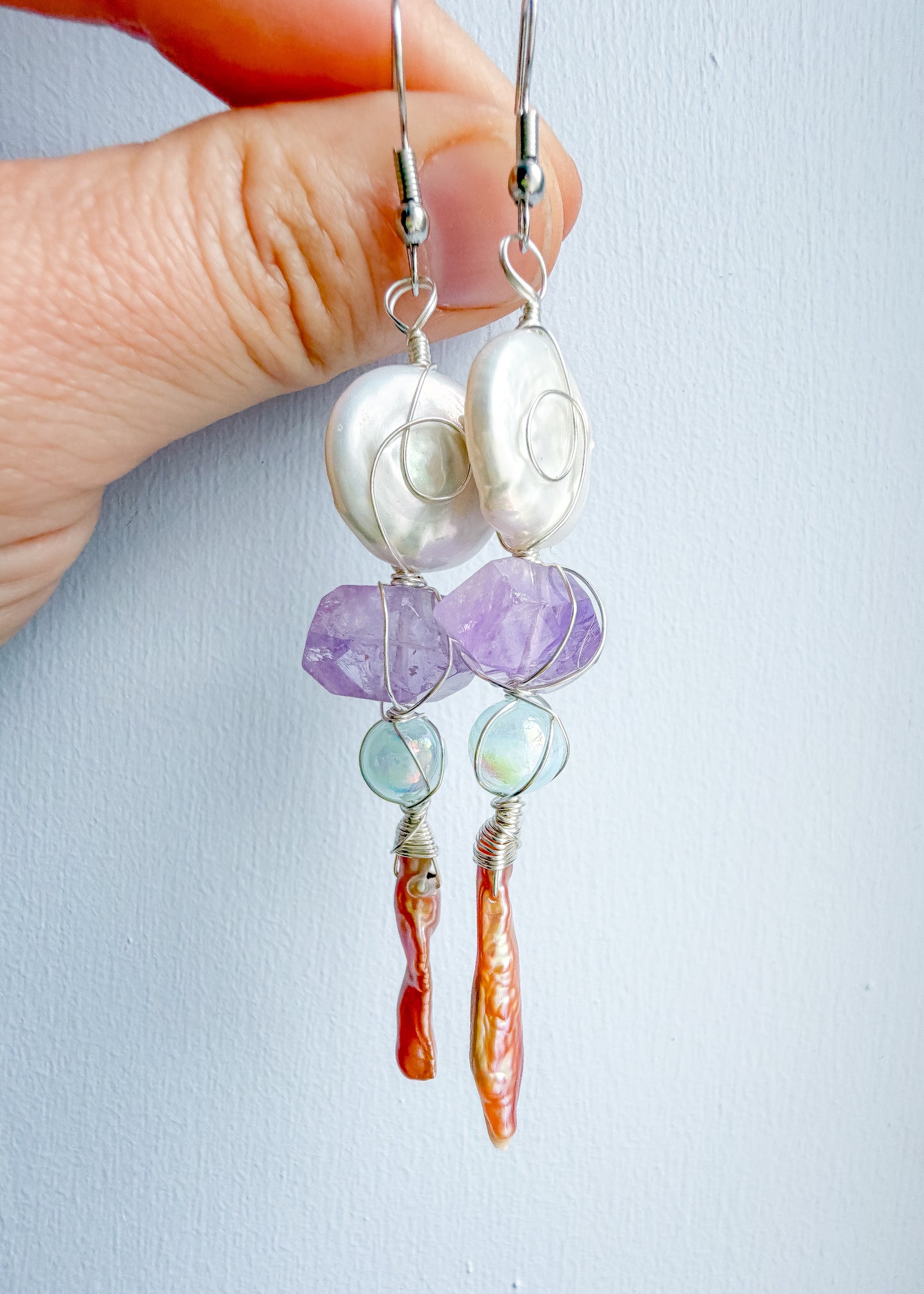 ✨ Siren Sister Pearl & Amethyst Earrings ✨ Keshi Pearl & Amethyst Dangle Earrings | Long Handmade Statement Earrings