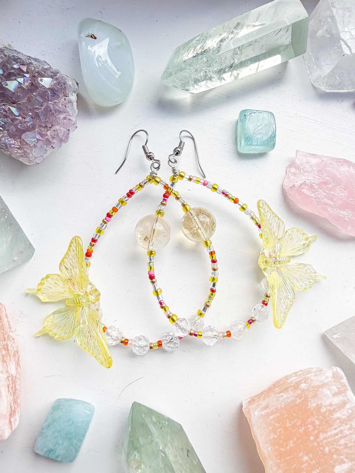 Golden Hour - Yellow butterfly + citrine & clear quartz earrings