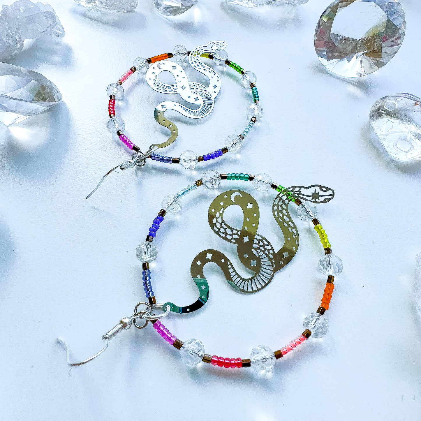 Silver snake, clear quartz rainbow statement hoop earrings