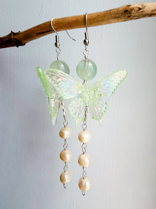 Green butterfly + fluorite + pearl drop chain earrings