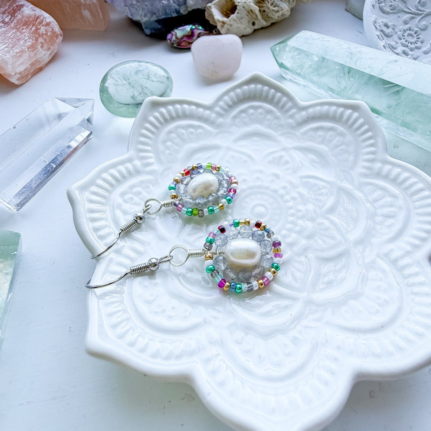 ✨ Rainbow Pearl Halo Earrings ✨ - Labradorite