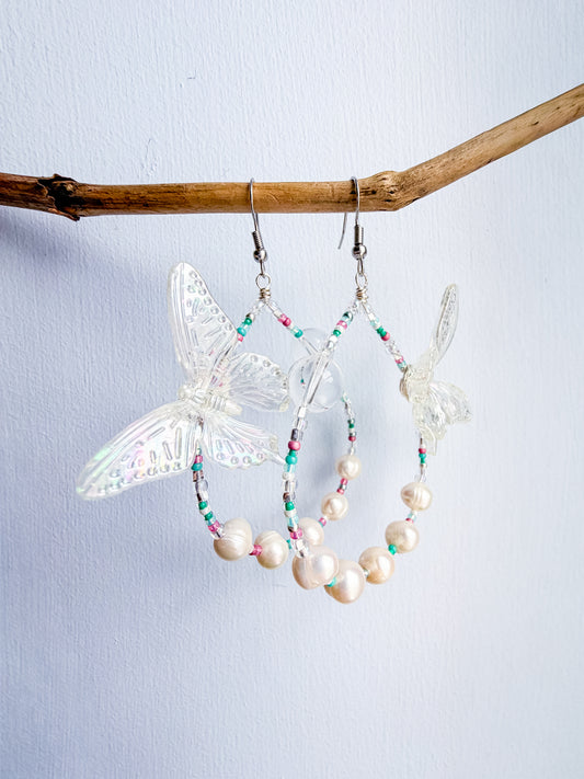 First Flutter - Clear quartz and iridescent butterfly + pearl & teal & pink seed bead earrings