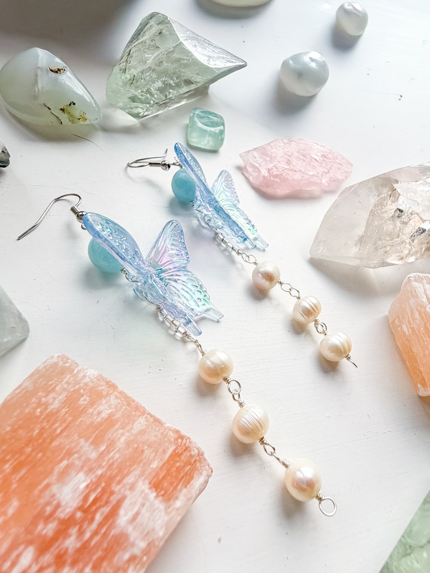 Blue butterfly + aquamarine + pearl drop chain earrings