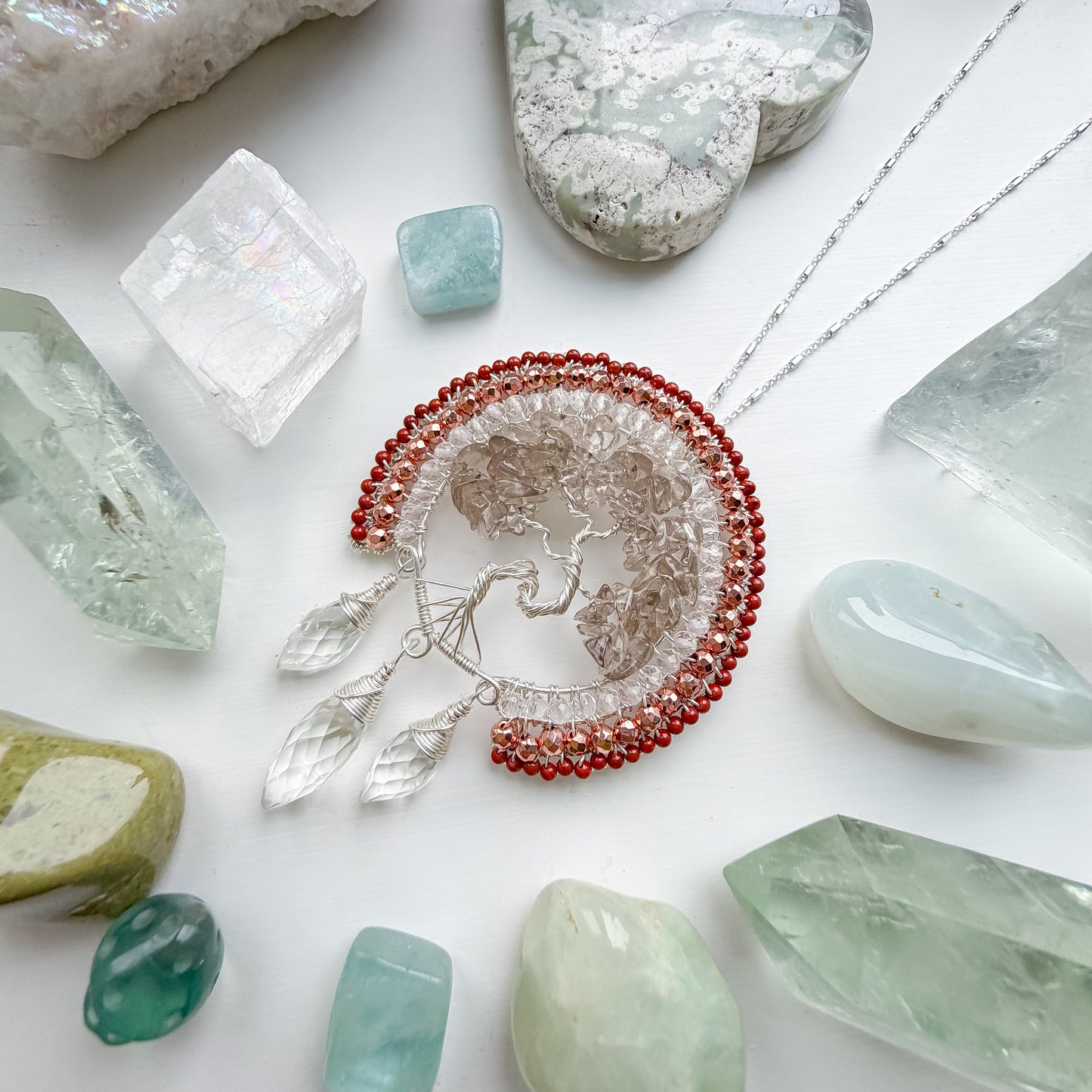 🌳 Where You Stand, You Shine – Grounding Light Tree of Life Talisman Necklace with Smoky Quartz, Clear Quartz, Red Jasper and Rose coloured Hematite