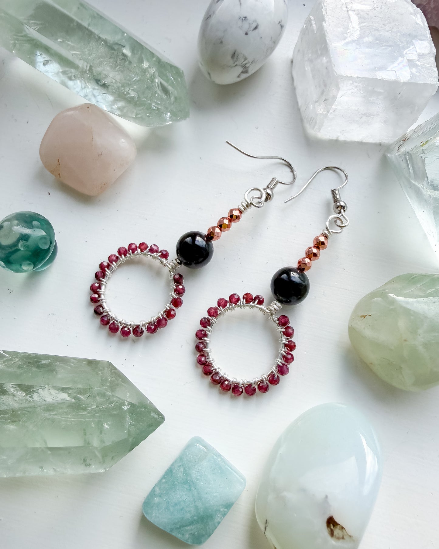 Boundaried Strength Earrings - Garnet, Black Tourmaline & Rose Gold Coloured Hematite – Drop Earrings