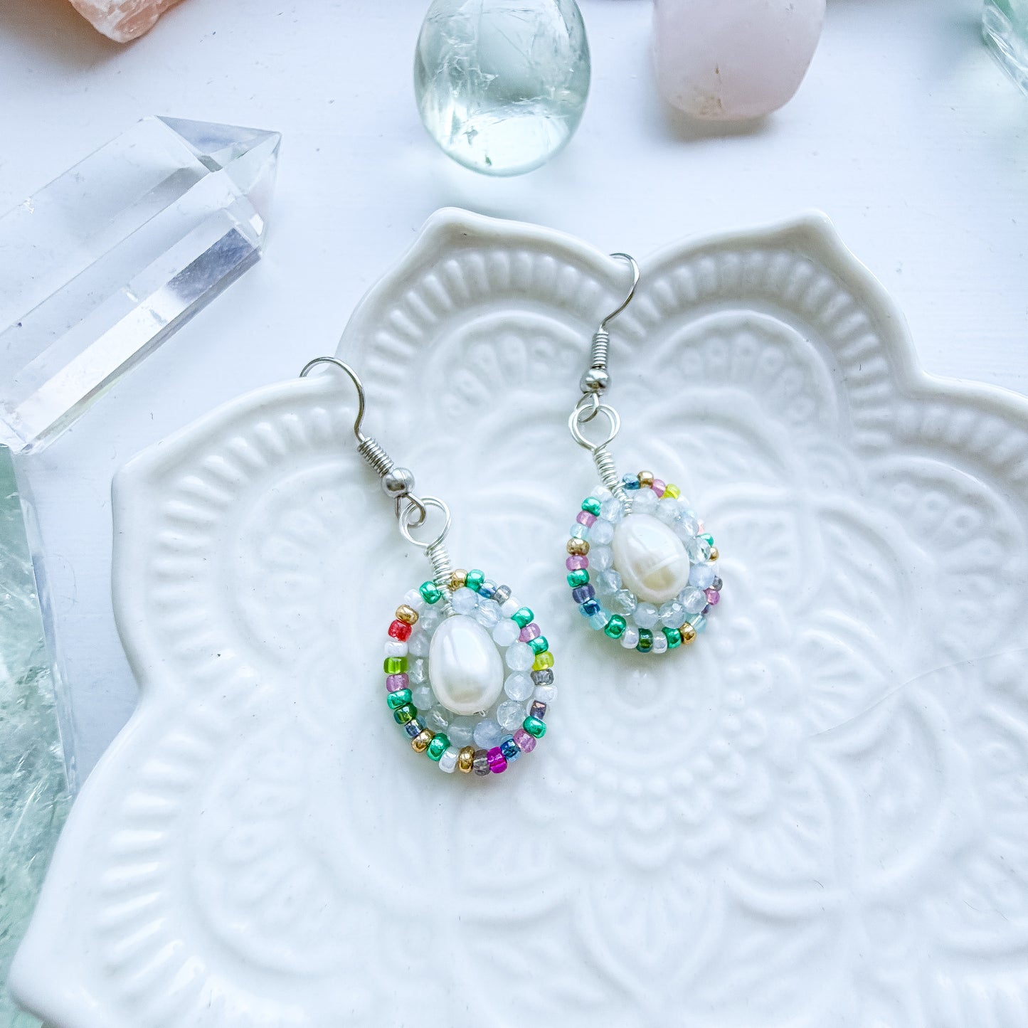 ✨ Rainbow Pearl Halo Earrings ✨ - Aquamarine and Pearl Earrings