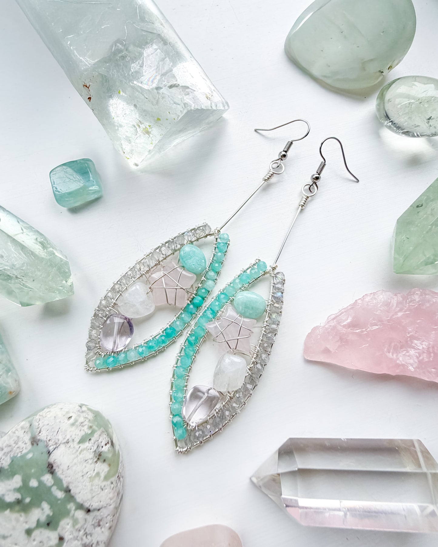 ✨🌿💎 Divine Guardian Earrings 💎🌿✨ - Amazonite, Labradorite, Rose Quartz, Rainbow Moonstone and Pink Amethyst Earrings