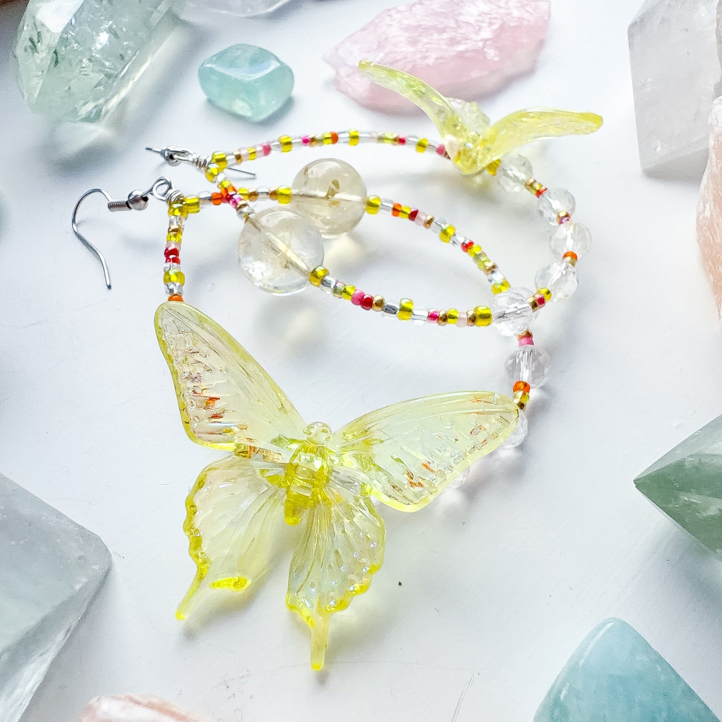 Golden Hour - Yellow butterfly + citrine & clear quartz earrings