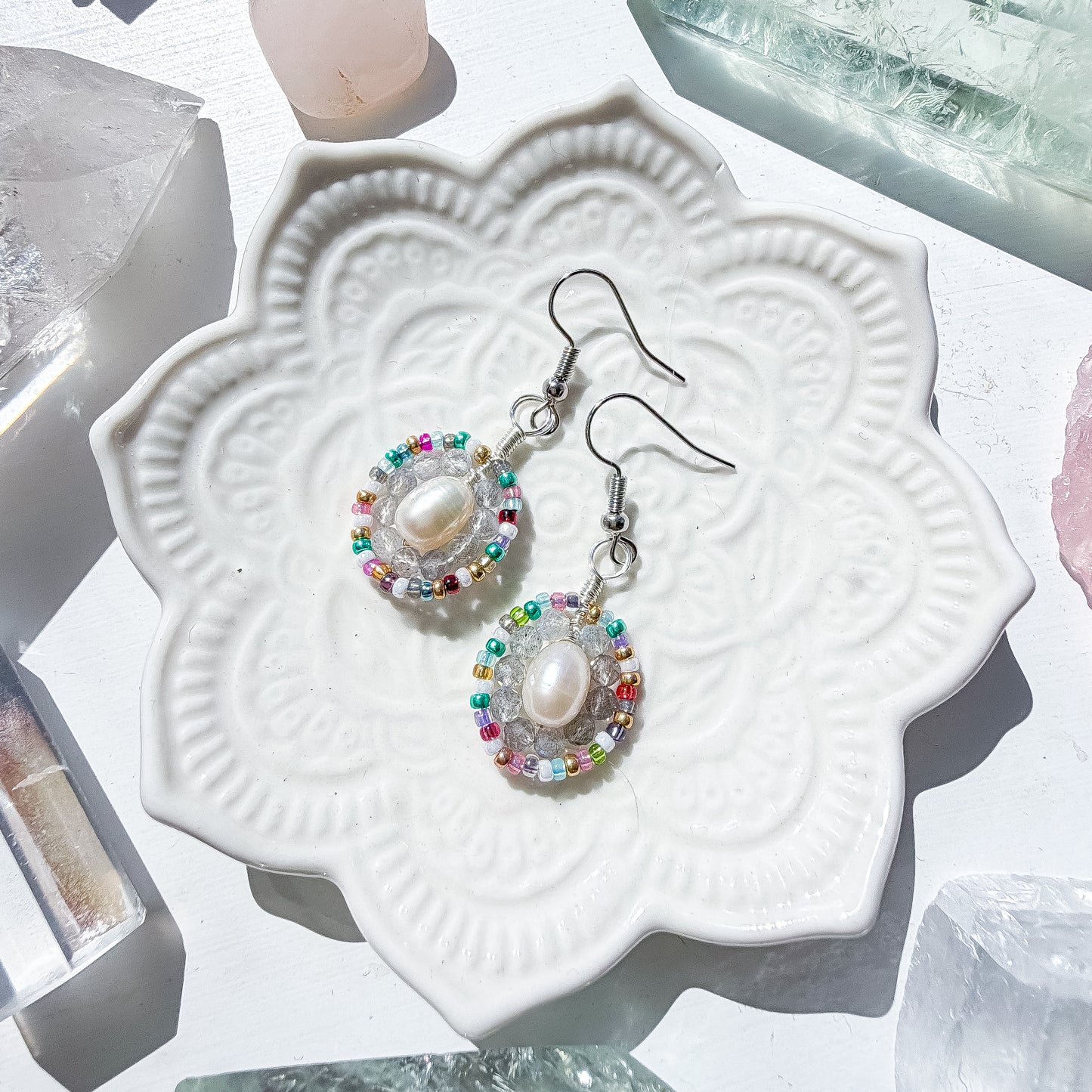 ✨ Rainbow Pearl Halo Earrings ✨ - Labradorite
