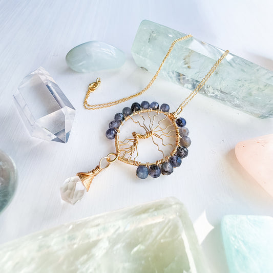 🔮✨ Iolite & Clear Quartz Tree of Life Necklace ✨🔮