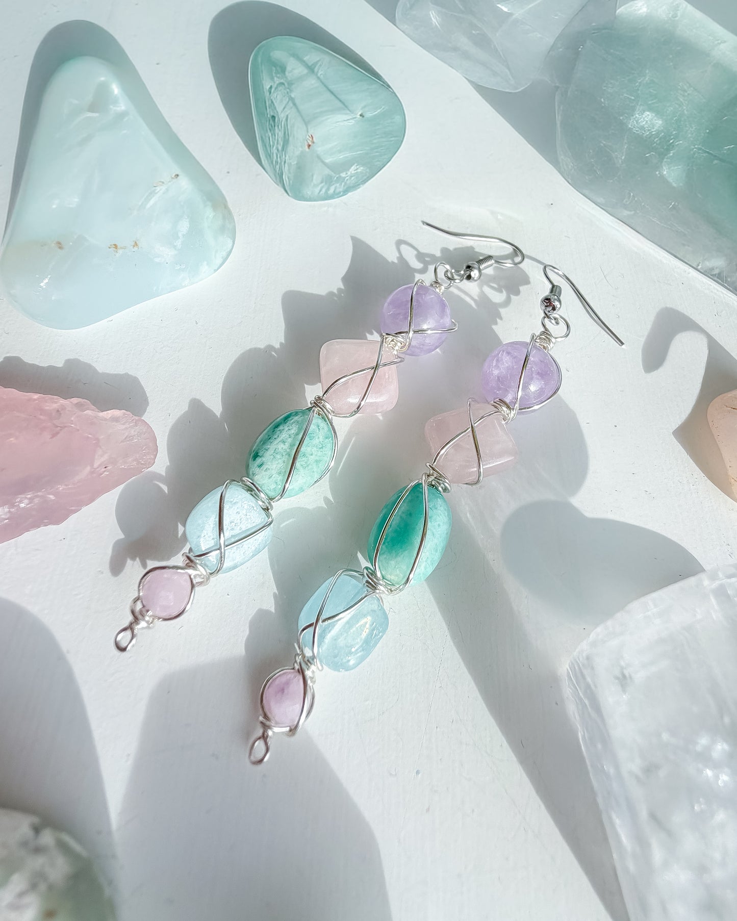 ✨🌈💎 Sacred Heart Earrings 💎🌈✨ - Rose Quartz, Amazonite, Aquamarine, Kunzite and Amethyst Earrings