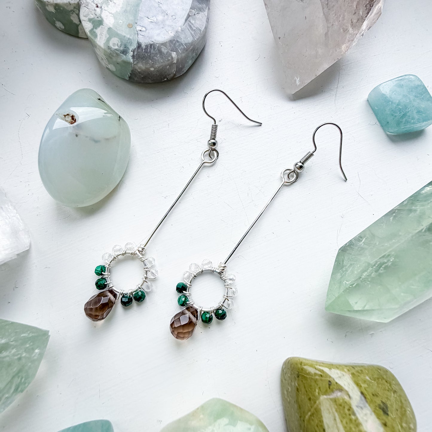 🌲 Return to Centre Long Drop Hoop Earrings – Clear Quartz, Malachite and Smoky Quartz
