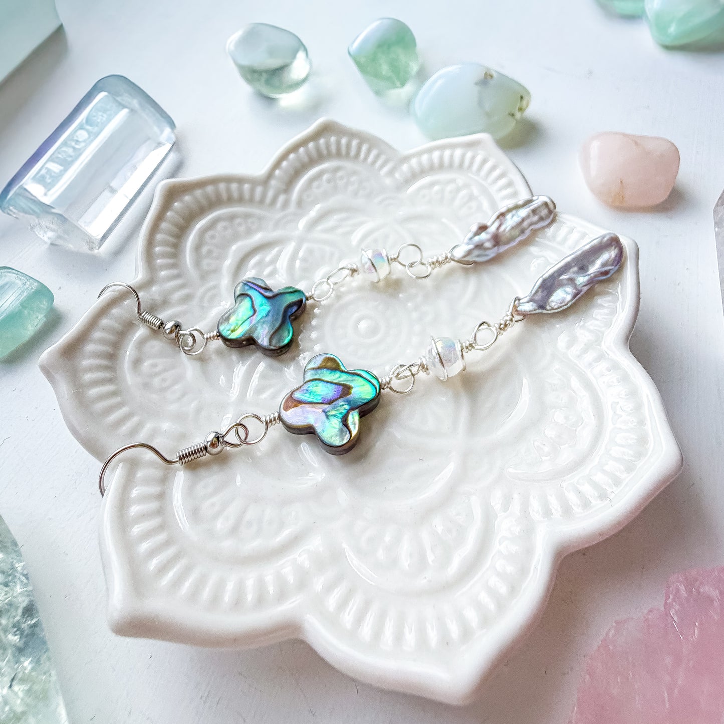 ✨💎 Atlantis Earrings 💎✨ Abalone & Silver Biwa Pearl Drop Earrings | Long Handmade Chain Earrings
